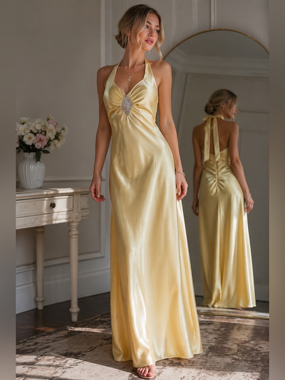 Vintage Gunne Sax Jessica McClintock NWT Yellow Satin Halter Prom Dress 9